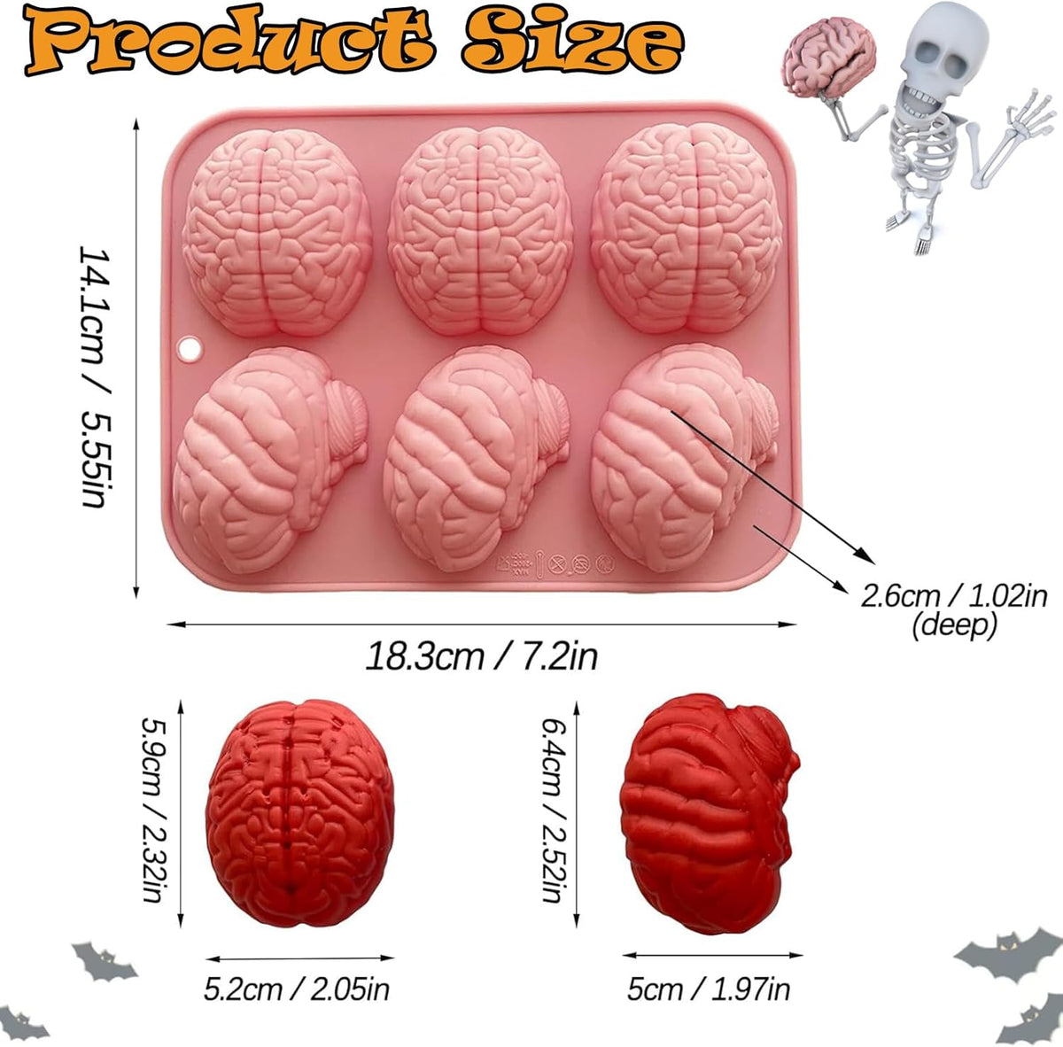 Halloween Molds Silicone for Chocolate 2 Pack, 3D Halloween Chocolate Candy Brain Mold for Cake Cupcake Decorating 12 Cavity
