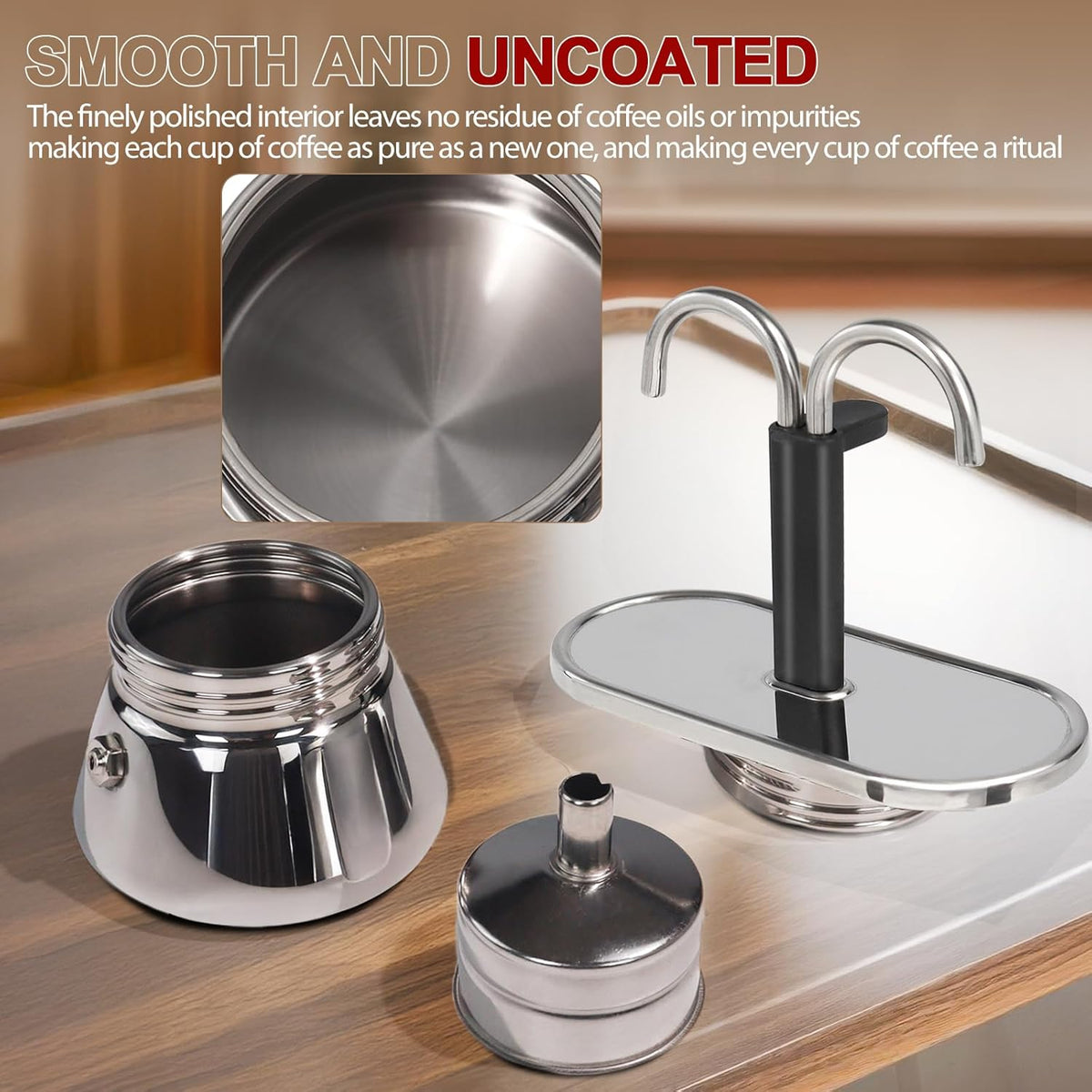 Uncoated 2 Cup Dual Pipe Moka Pot 304 Thickened Stainless Steel Mini Coffee Maker Stovetop Espresso Coffeemaker Italian Classic Style Brewing Greca Cafe Mocha Machine for Camping Travel Home 150ml