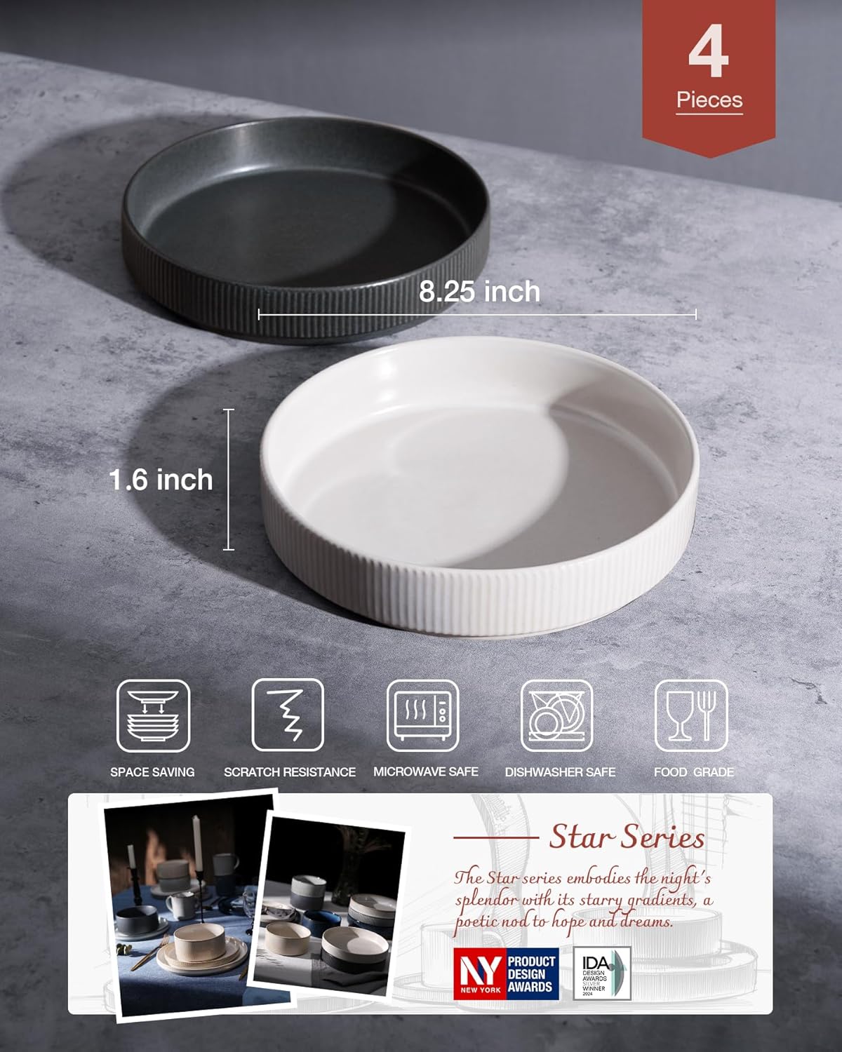 famiware Star 8.25" Pasta Bowls, Large Dinner Bowls Set of 4, Salad Bowl Plates, Shallow Bowls for Eating, Dark Charcoal & White Full Glaze Matte