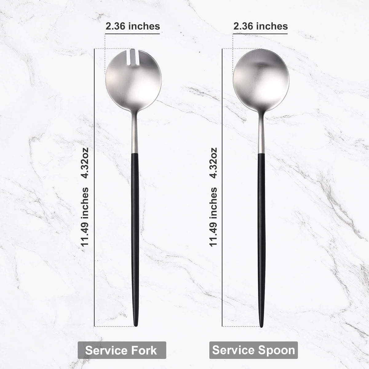 Silver Black Salad Serving Utensils,Serving Spoons Stainless Steel,2Pcs Long Handle Salad Servers 11.42 Inch,Salad Utensils for Serving,Matte Finish,Dishwasher Safe