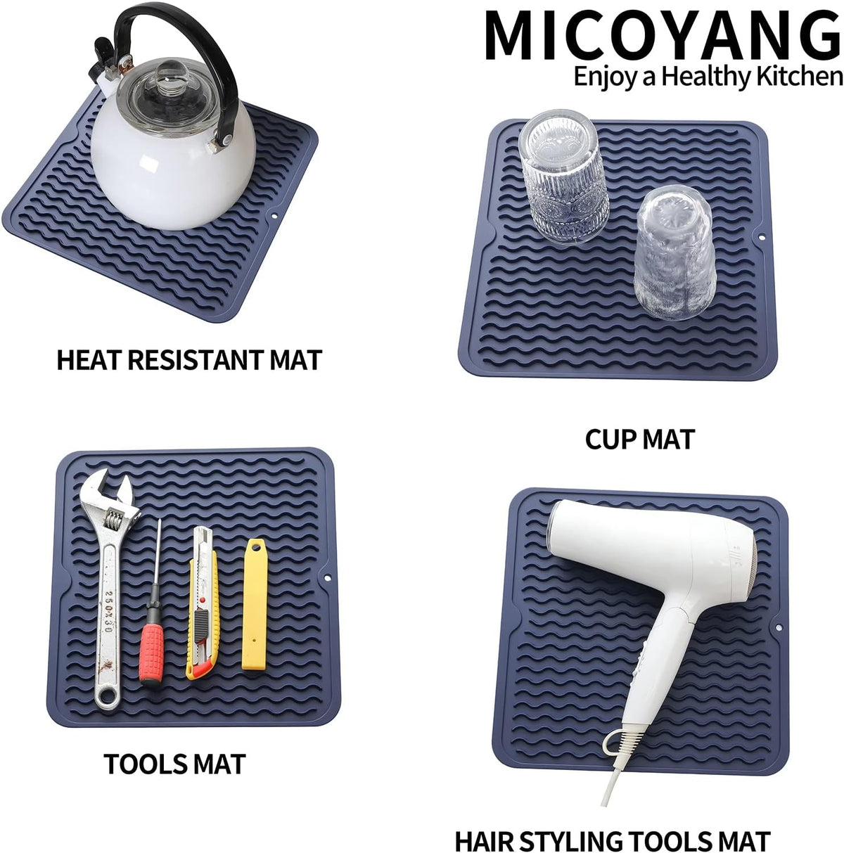 Silicone Dish Drying Mat for Multiple Usage,Easy clean,Eco-friendly,Heat-resistant Silicone Mat for Kitchen Counter or Sink,Refrigerator or Drawer liner Navy Blue M 12 inches x 12 inches