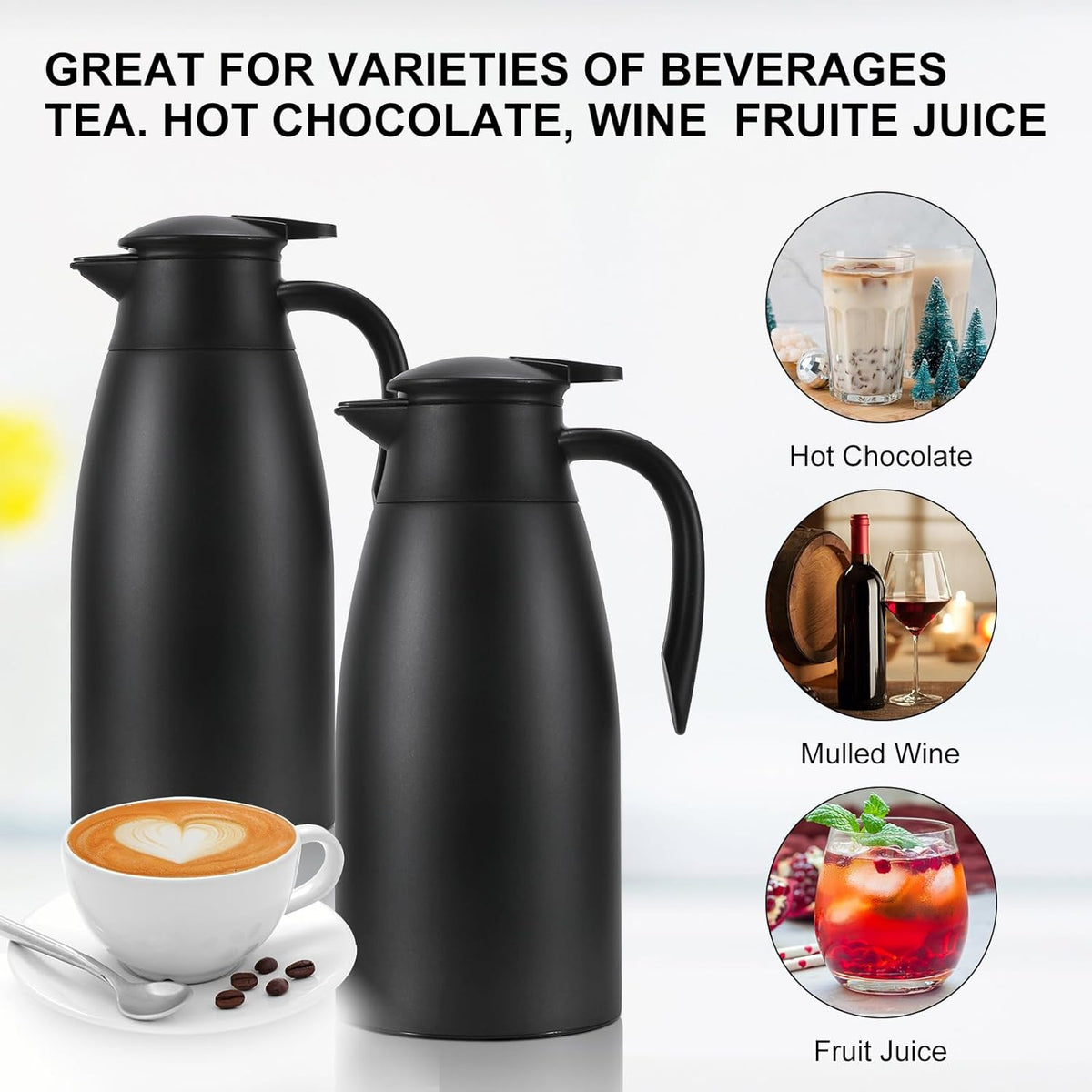 70 oz Thermal Coffee Carafe, Updated Insulated Stainless Steel Coffee Carafes for Keeping Hot Coffee & Water Hot Beverage-12Hours, Double Walled Vacuum Coffee Carafe (2black)