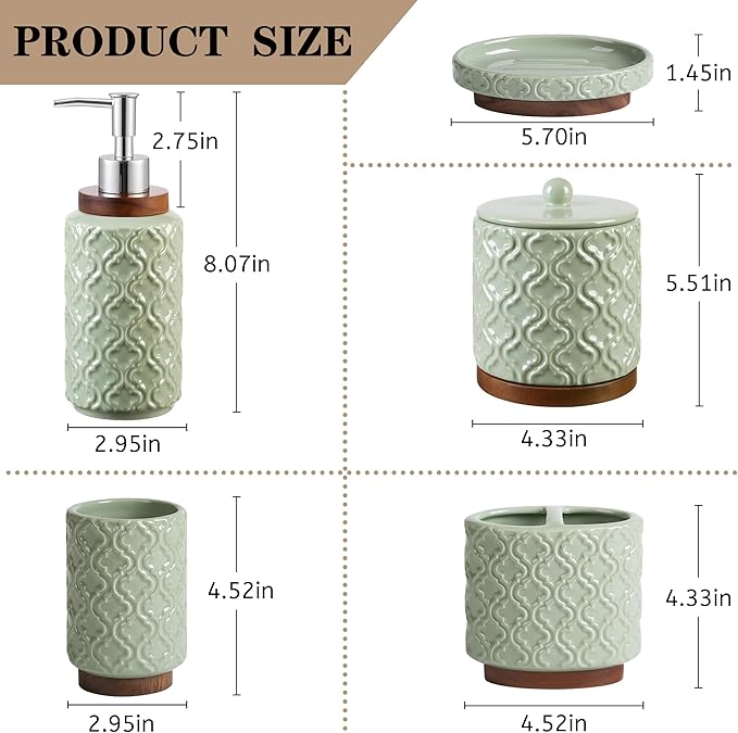 Bathroom Accessories Set 5 Pieces Toothbrush Holder Soap Dispenser Ceramic Bathroom Accessory Set Contain Cotton Swab Jar Toothbrush Cup Soap Dish Tumbler Green