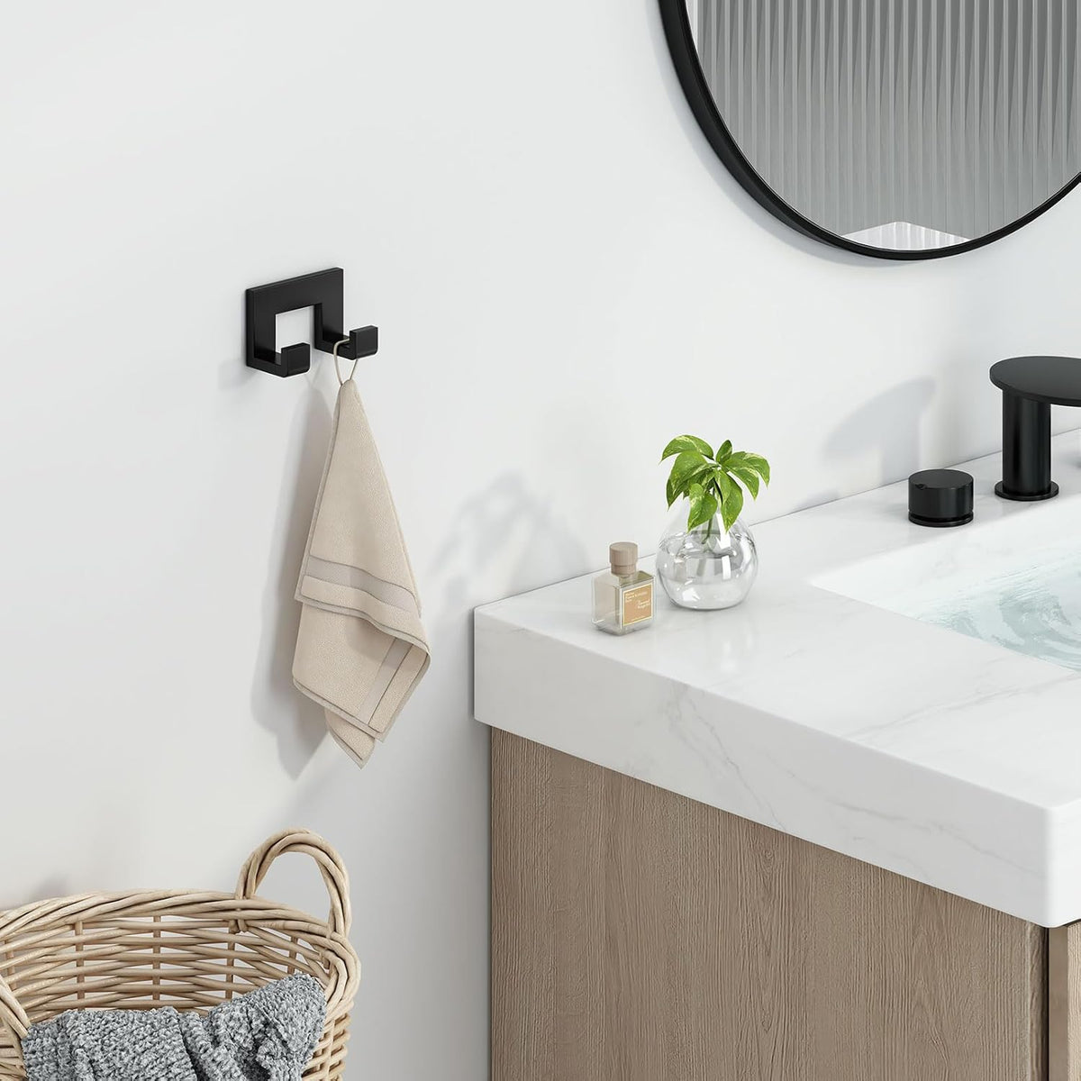 Angle Simple Double Towel Hook, Stainless Steel Bathroom Hand Towel Holder, Wall Coat Double Hook, Matte Black
