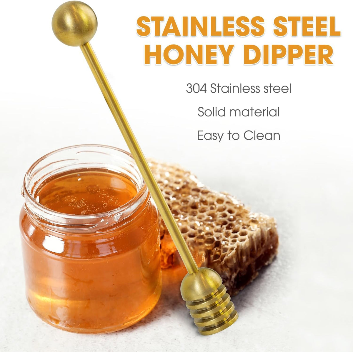 DUGATO Gold Honey Dipper Set (2 Pack, 6.3") - 304 Stainless Steel Honeycomb Sticks for Honey Pot Jar, Syrup Drizzler, Tea & Coffee Stirrer - Elegant Kitchen Utensil