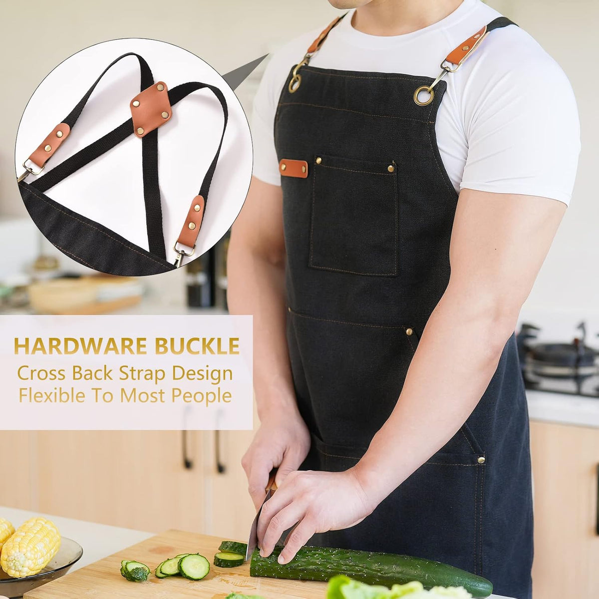 Canvas Aprons for Men Chef Apron, Work Apron with Large Pockets - 16oz Heavy Duty Cross Back, BBQ, Cooking