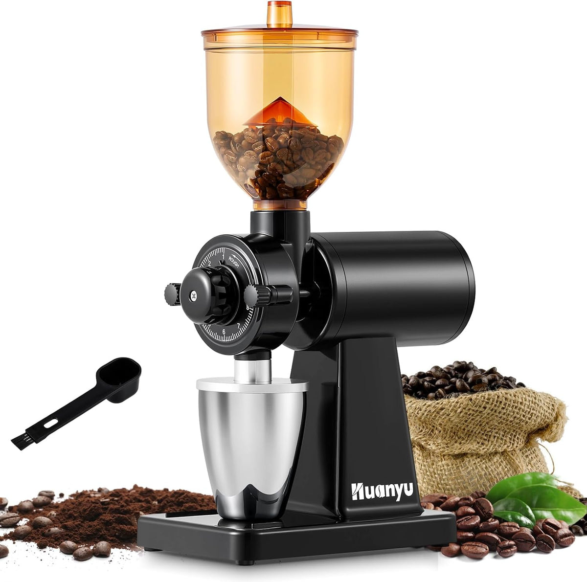 Huanyu Electric Coffee Bean Grinder with Closed Grinding System - 8 Adjustable Settings, Flat Burr Coffee Grinders Anti-Static Design for Dust-Free Home Use