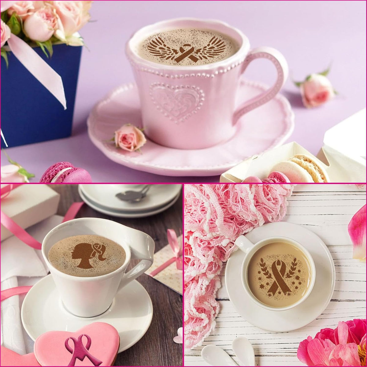 JULBEAR Breast Cancer Awareness Cookie Stencils, 36pcs Pink Ribbon Reusable Coffee Decoration Stencils Templates Tools for Cookies Baking Painting Dessert Decoration DIY Breast Cancer Awareness Party