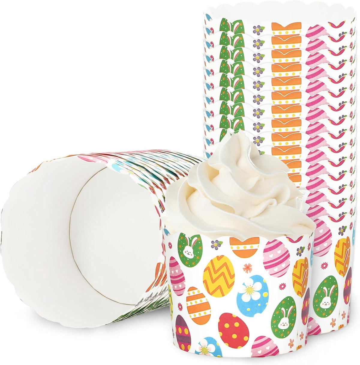 Whaline 100Pcs Multicolor Easter Paper Baking Cups with Easter Egg Bunny Flower Design, Disposable, 9 x 3.5 Inch