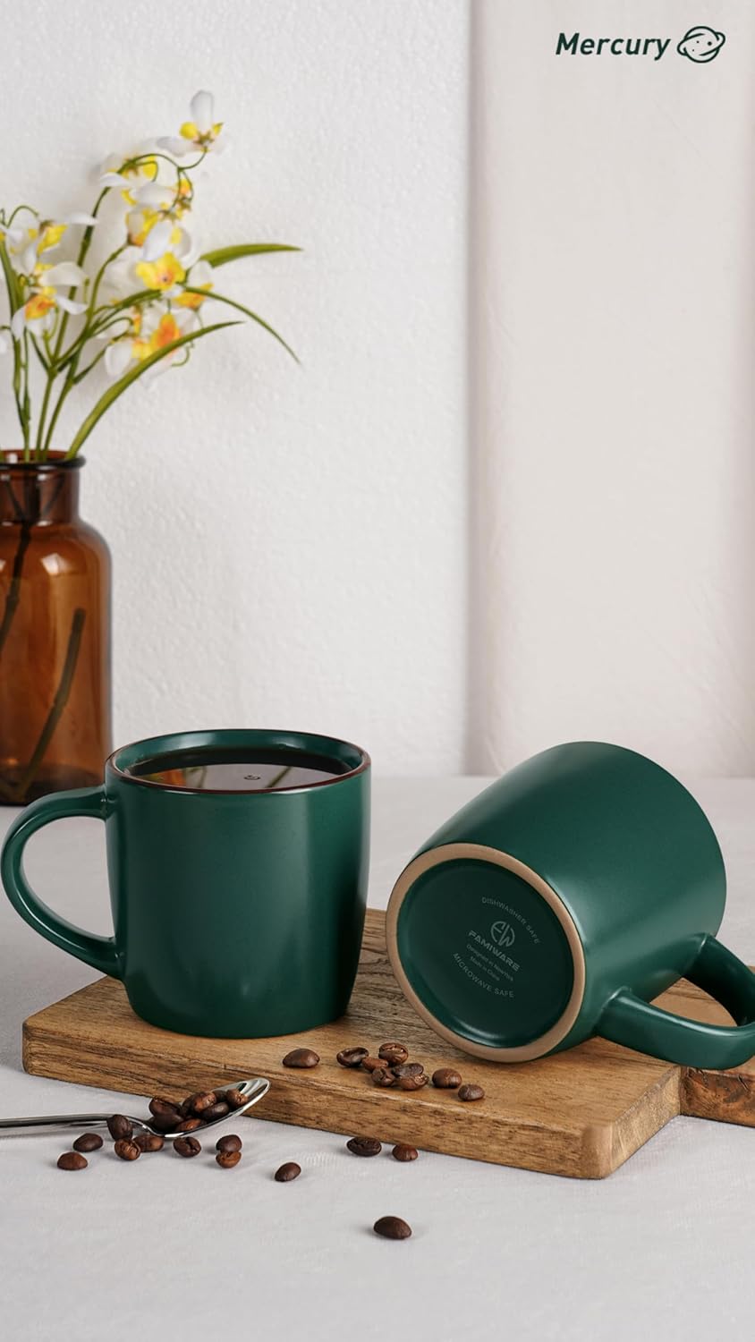famiware Mercury Coffee Mugs 13 oz, Coffee Mugs Set of 6 with Handle, Cups for Latte, Hot Tea, Cappuccino, Mocha, Cocoa, Dark Green