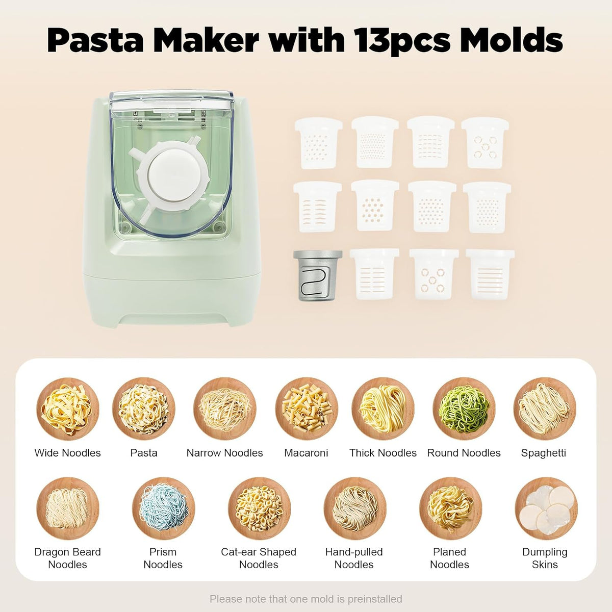 260w Automatic Pasta Machine, Electric Pasta Noodle Machine, 12 Noodle Shapes Pasta Machine With Measuring Cup,Capacity 0.6kg/ 1.32lbs,Can Make Long Noodles, Spaghetti, Macaroni. (Upgraded Version)