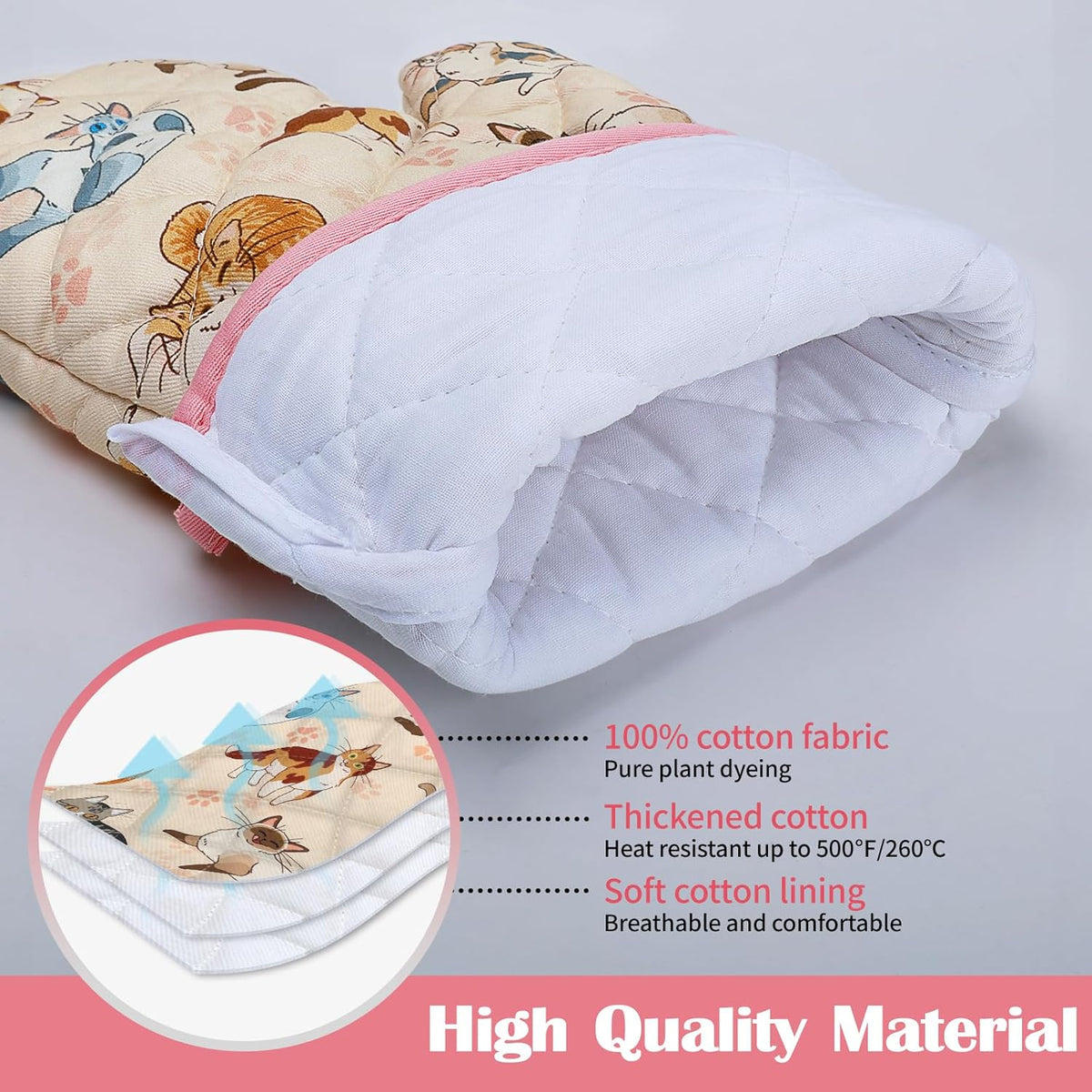Cat Oven Mitts and Pot Holders Sets 4Pcs, 100% Cotton Heat Resistant, Extra Long Oven Gloves Potholder for Kitchen Cooking Baking Housewarming