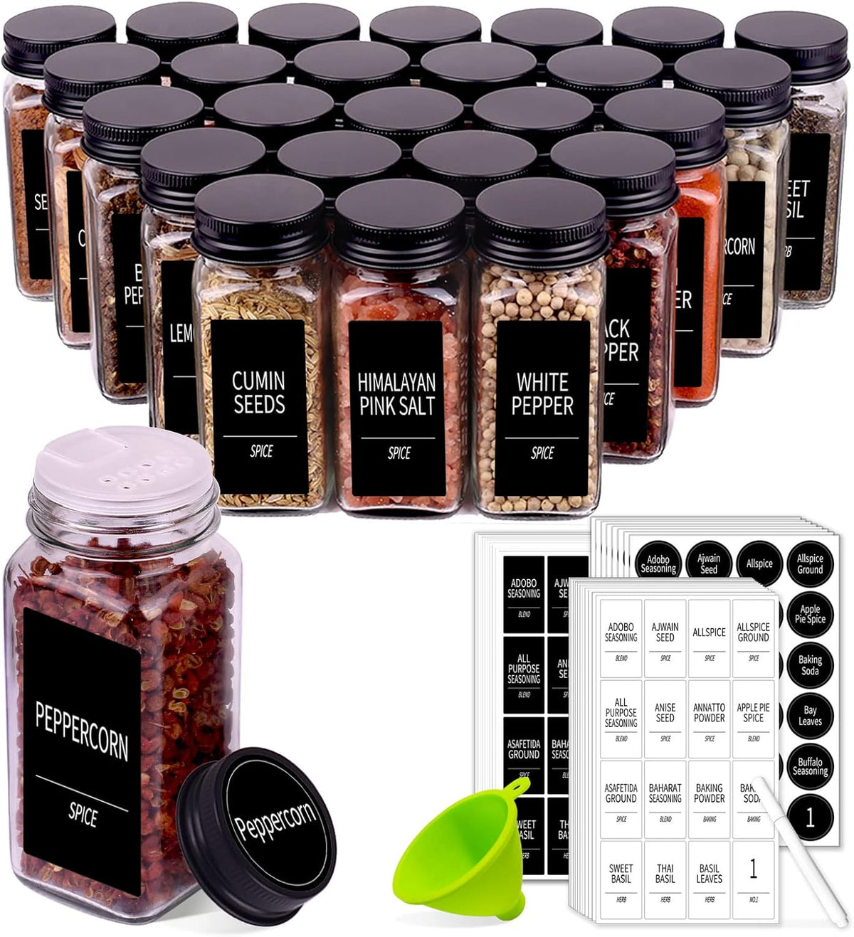 Churboro 36 Spice Jars with 547 Labels- Glass Spice Jars with Black Metal Caps, 4oz Empty Spice Containers with Shaker Lids, Funnel, Chalk Pen, Square Seasoning Bottles for Spice Rack, Drawer, Cabinet