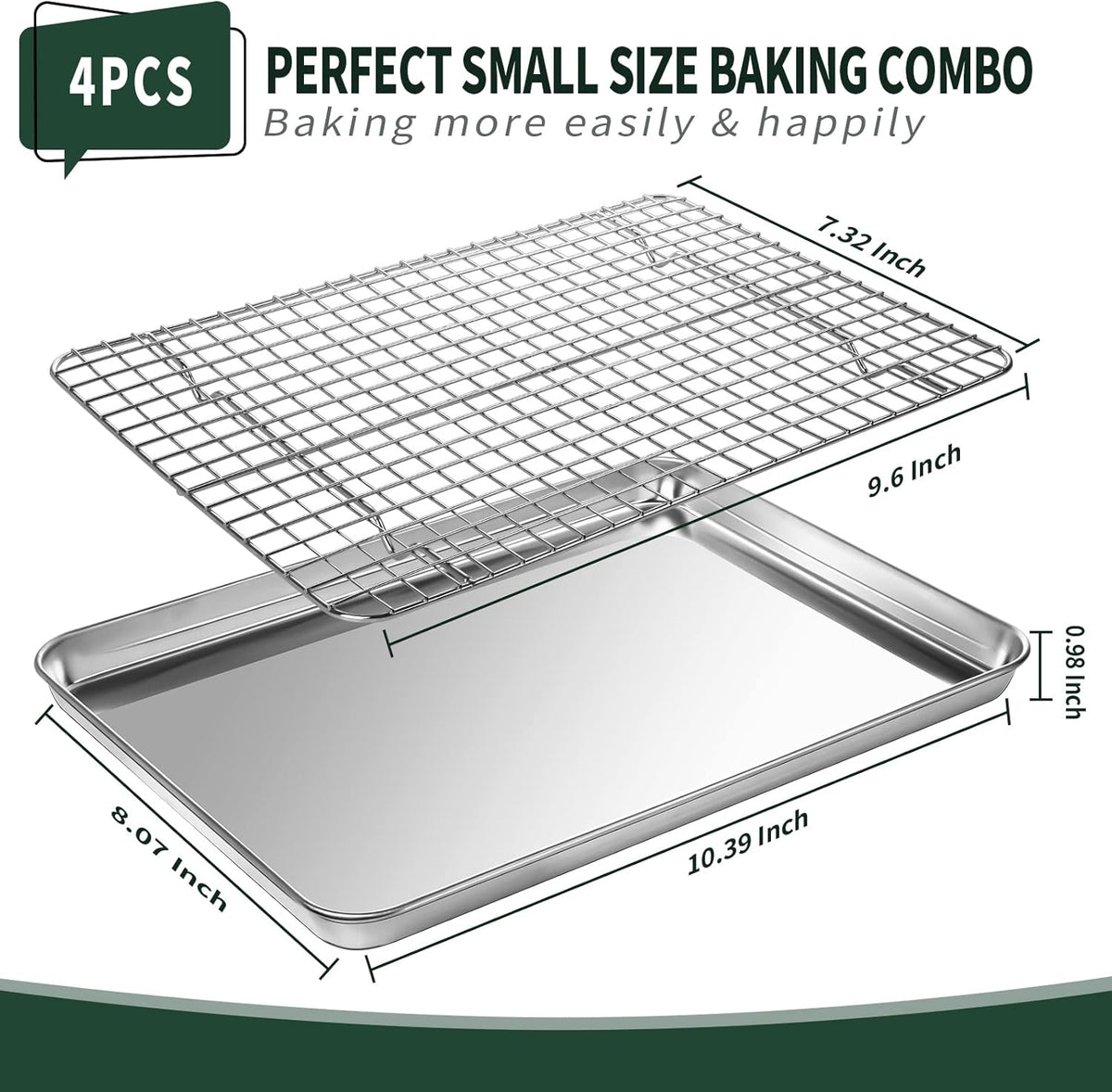 CEKEE 4 PCs Small Baking Sheet With Wire Rack Set [2 Pans + 2 Cooling Racks], 10 Inch Stainless Steel Tray - Rust & Warp Resistant, Easy Clean