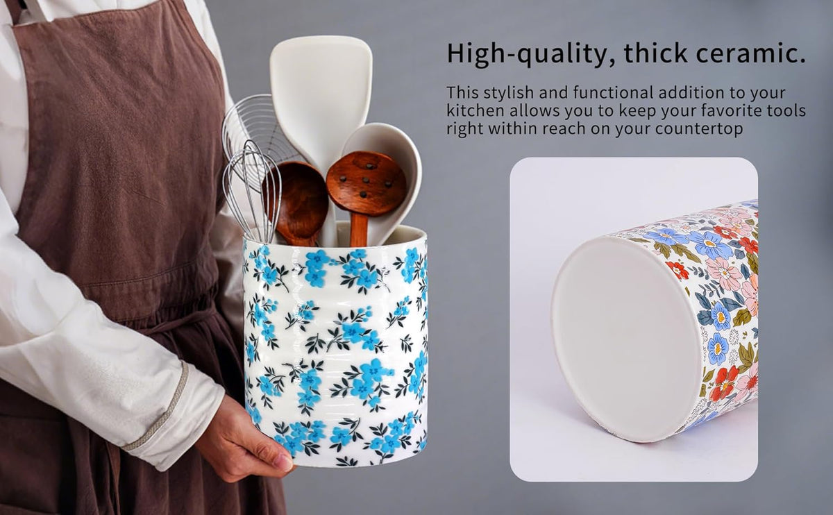 Kitchen Utensil Holder,7.2″Extra Large Stable Pattern Ceramic Utensil Crock,Utensil Organizer for Countertop,Kitchen Decor,Utensil Holder for Housewarming,Wedding Gift (Teal Blue)