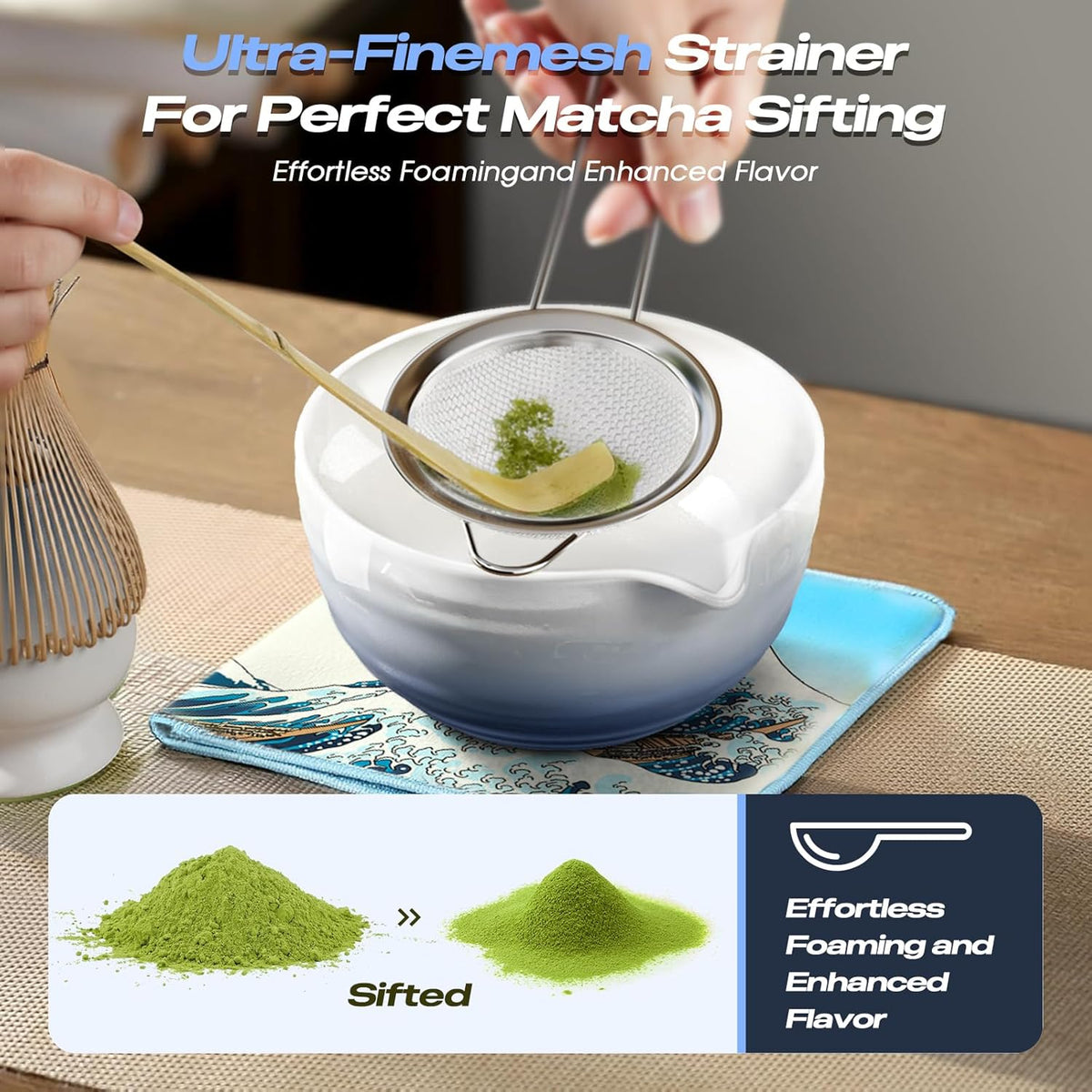 Matcha Whisk Set - 8 Pcs Tea Set with Bamboo Whisk and Holder, Ceramic Bowl, Bamboo Scoop and Spoon,Scoop Rest, Sifter & Tea Towel, Japanese Home Matcha Kit for Authentic Ceremony (Blue)