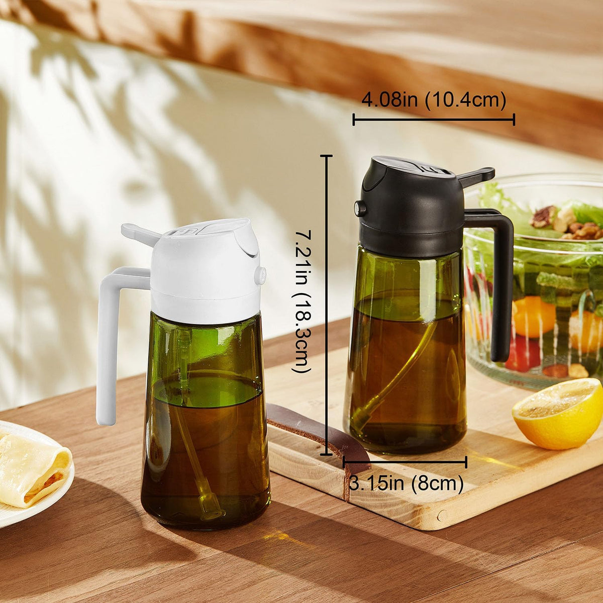 TrendPlain - 16oz Olive Oil Dispenser for Kitchen - 2 in 1 Olive Oil Dispenser and Oil Sprayer - Olive Oil Dispenser Bottle w/Stickers - Olive Oil Sprayer for Cooking 2Pcs White&Green (Light Blockage)
