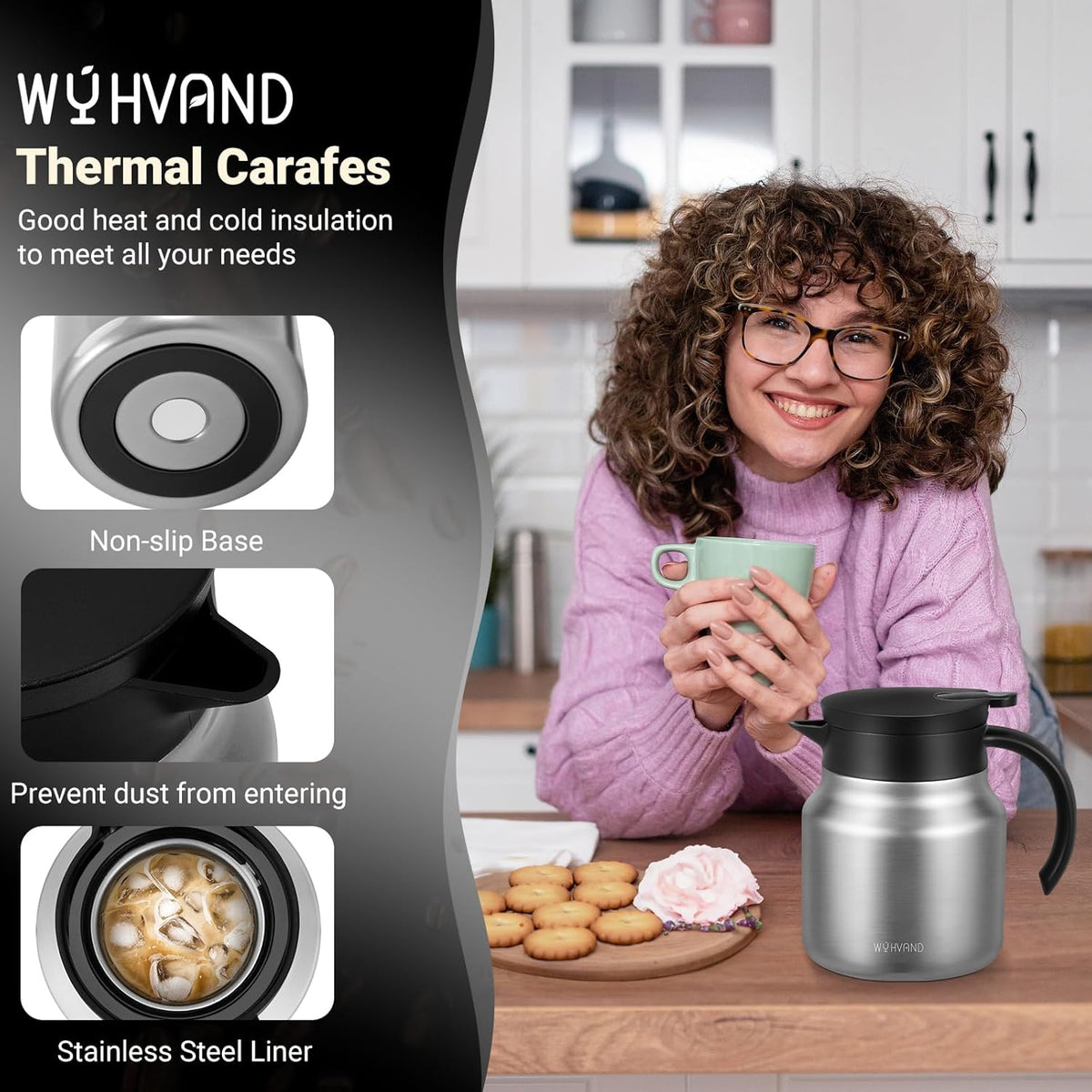 27Oz Thermal Coffee Carafes For Keeping Hot/Cold, Stainless Steel Coffee Carafe, Dustproof Insulated Water Carafe for Party/Home,Silver