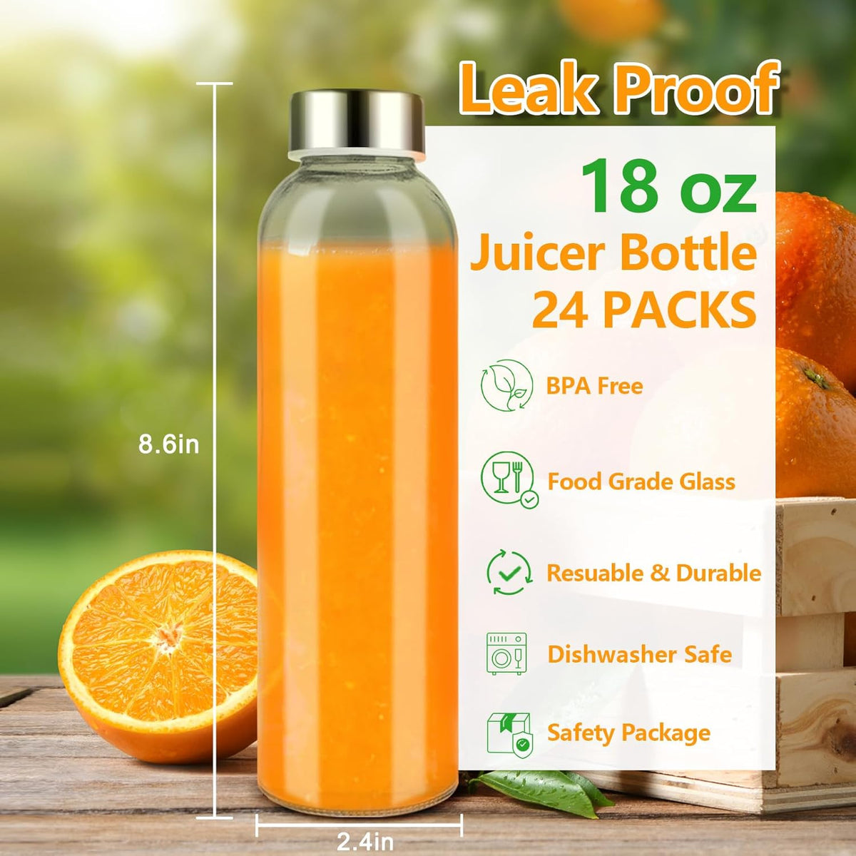 Zukro Glass Water Bottles with Lids 18 oz, 24 Pack Reusable Juice Bottles With Stainless Steel Airtight Cap for Juicing, Leak Proof Clear Drinking Jar Beverage storage container for Fridge, BPA Free