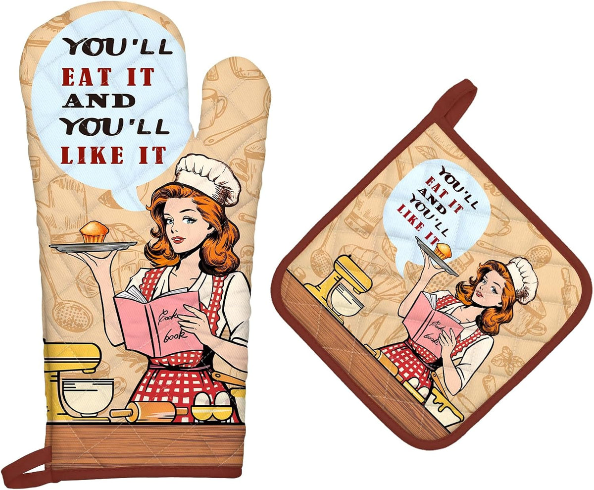 Retro Housewife Oven Mitts and Pot Holders Sets 2Pcs, 100% Cotton Heat Resistant, Extra Long Oven Gloves Potholder for Kitchen Cooking Baking Decoration