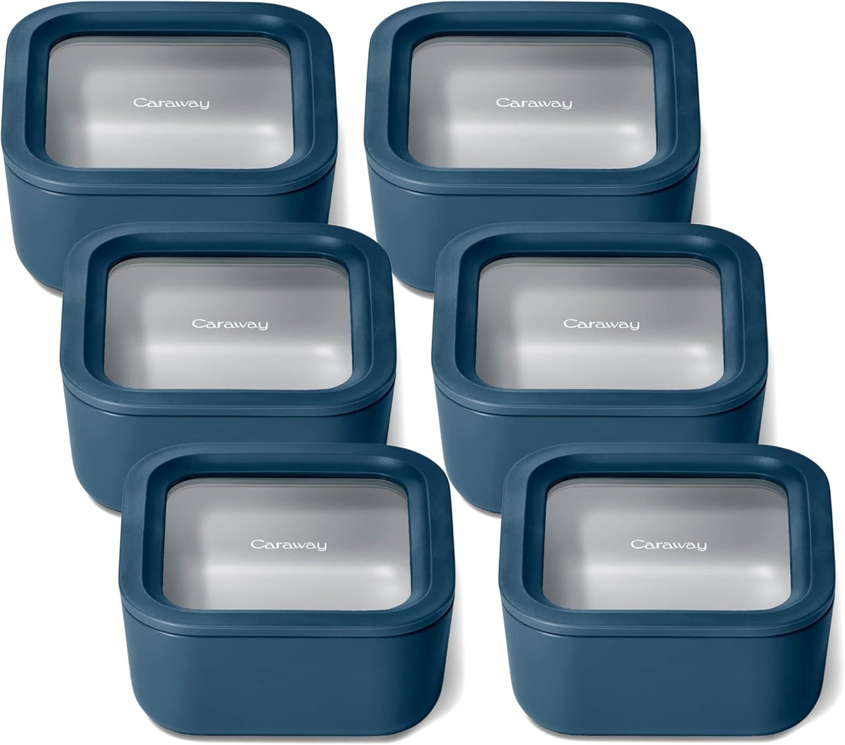 Caraway 6pc Glass Food Storage Set – 4.4 Cup Food Containers (6) - Ceramic Coated - Non Toxic, Non Stick with Lids - Microwave Safe - Navy