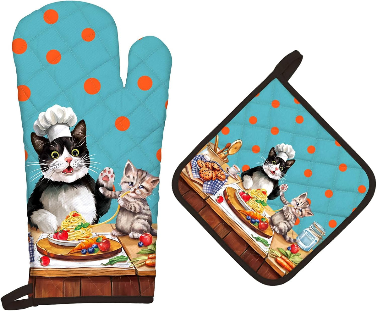 Cute Cat Oven Mitts and Pot Holders Sets 2Pcs, 100% Cotton Heat Resistant, Extra Long Oven Gloves Potholder for Kitchen Cooking Baking Decoration