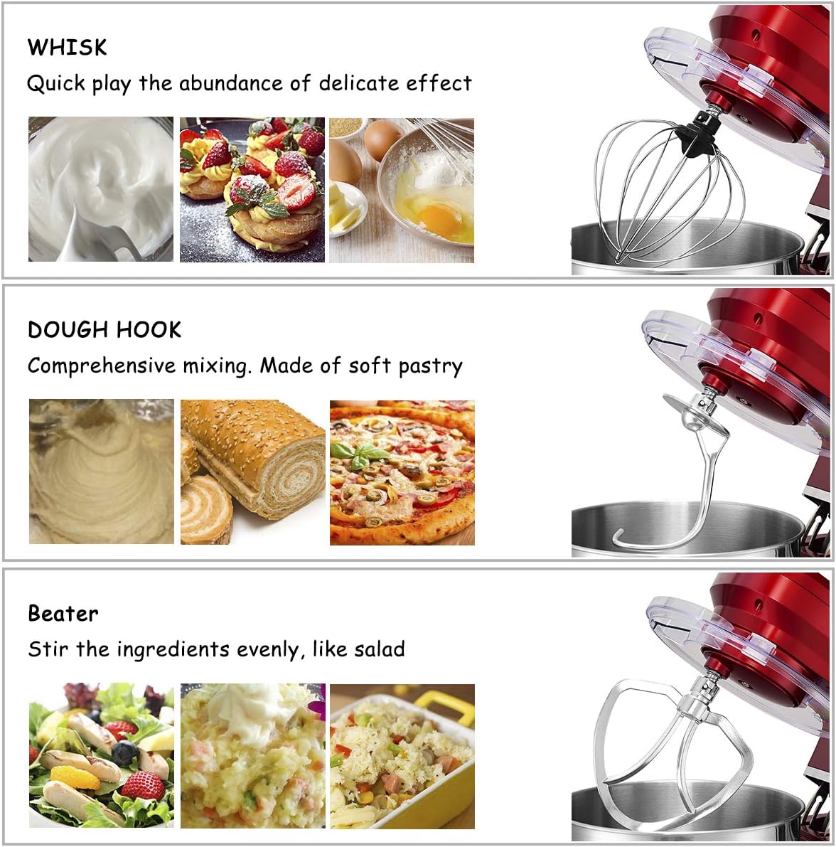 COSTWAY Stand Mixer, 7.5-Quart 660W 6-Speed Electric Mixer with Stainless Steel Bowl, Tilt-head Food Mixer with Dough Hook, Beater, Whisk (Red)