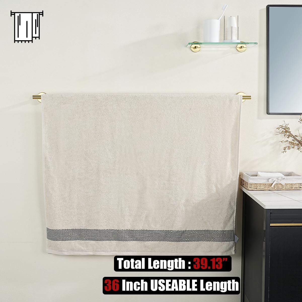 JQK Bath Towel Bar Gold, 39 Inch 304 Stainless Steel Thicken 1mm Towel Rack Bathroom, Towel Holder Brushed Golden Wall Mount, Useable Length 36 Inch, TB110L36-BG
