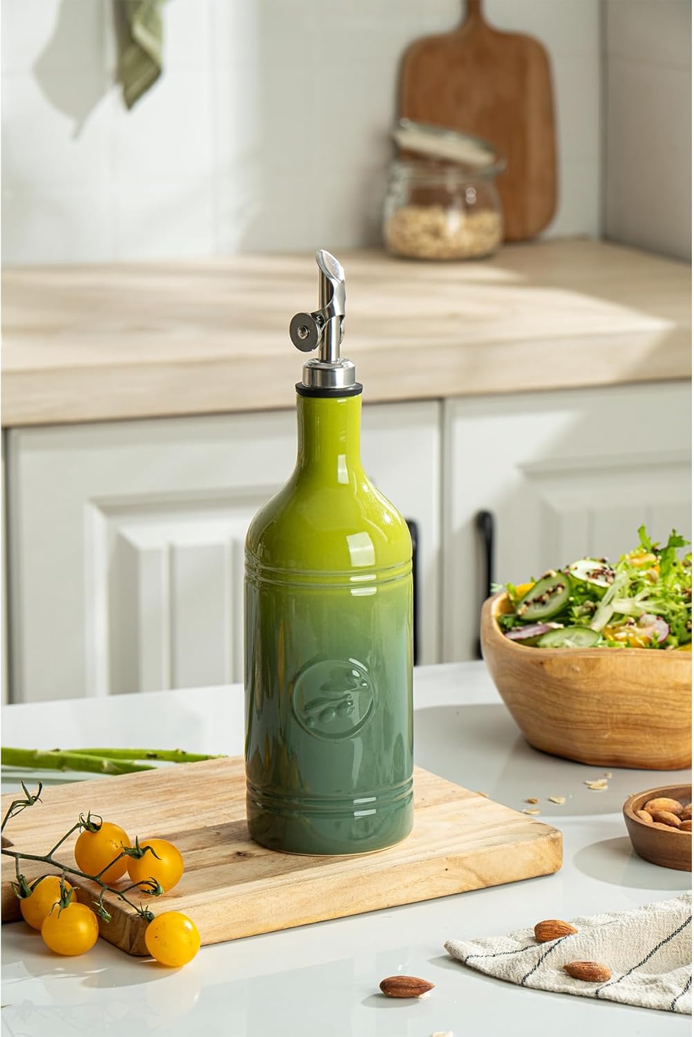 Olive Oil Dispenser Bottle with Spout, 18 oz Ceramic Oil Dispensers for Kitchen, Opaque Cruet, EVOO & Vinegar Bottle with Automatic Stainless Steel Pourer, Pack of 1, Gradient Green