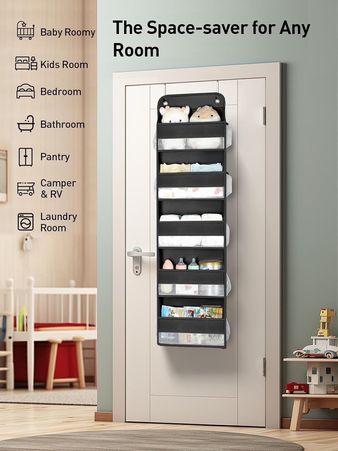 Yecaye 2 Pc Over the Door Organizer with 5 Bins 10 Side Pockets, 44lbs Load Hanging Bathroom and Bedroom Organizer, behind the Door Hanging Organizers for Nursery Newborn Baby Essential Stuff Black