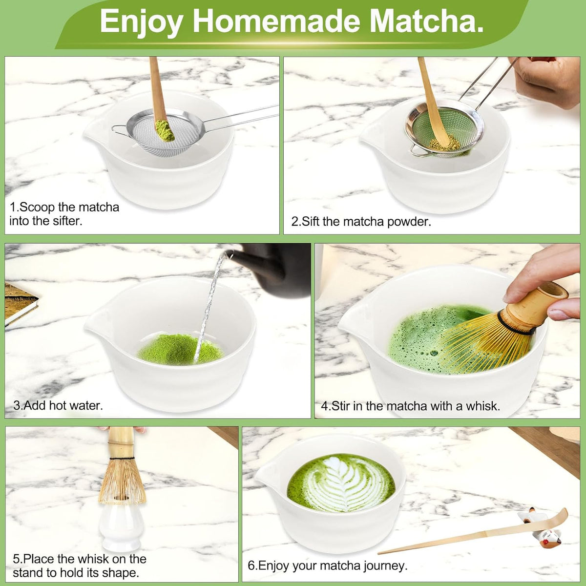 7 Pcs Matcha Whisk Set, Matcha Set with Ceramic Bowl, Bamboo Scoop, Whisk, Whisk Holder, Sifter, Spoon and Scoop Holder, Matcha Kit for Matcha Lover (White)