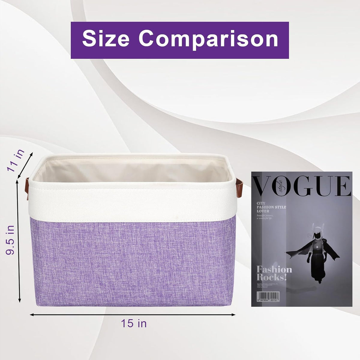 Storage Bins Large Fabric Storage Baskets for Shelves 3 Pack, Decorative Linen Closet Baskets with Handles for Organizing, Shelf, Clothes, Home, Office, 15x11x9.5Inches (Purple&White)