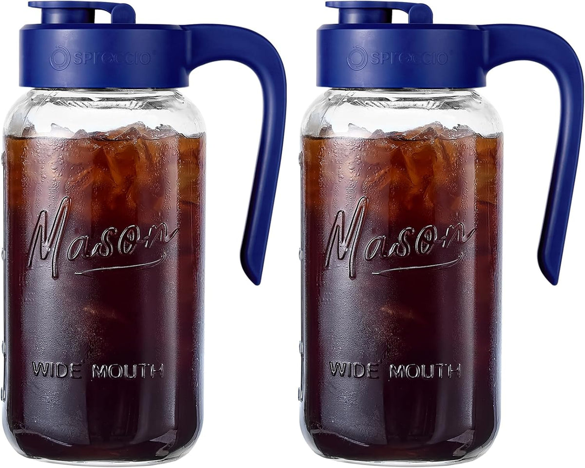 Mason Jar Pitcher - Airtight & Leakproof Glass Pitcher with Lid[set of 2], Perfect for Breastmilk, Cold Brew, and Sun Tea, 2 Quart (64 oz) Mason Jar with Pour Spout Lid