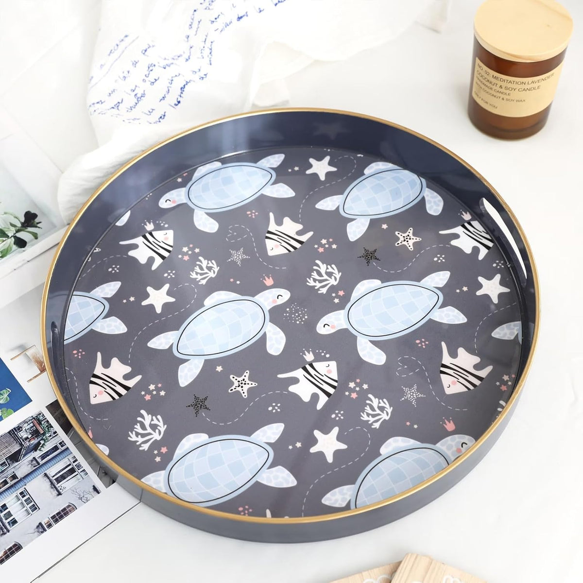 Spsyrine Decorative Serving Tray with Handles, Lacquered Coffee Table Tray for Ottoman, Round Waterproof Platters for Centerpieces, Parties, Living Room, Kitchen Counter Organization Turtle