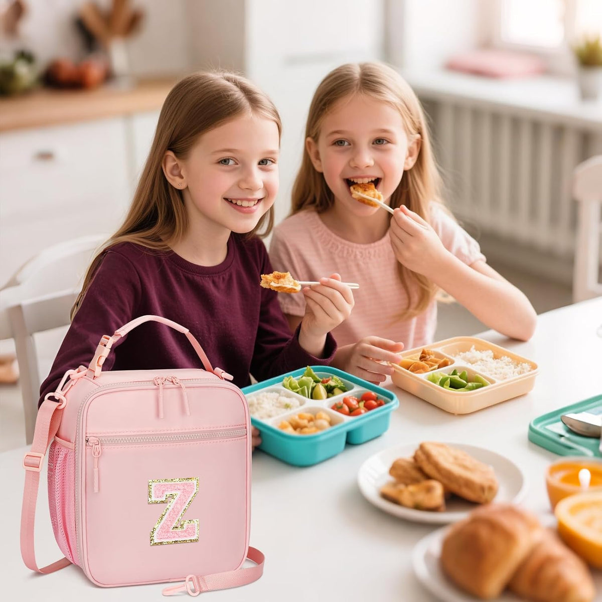 Initial Insulated Lunch Bag for Girls Kids, Back to School Gift, Reusable Leak-proof Lunch Box with Adjustable Strap for School Daycare Travel Picnic (Pink,Z)