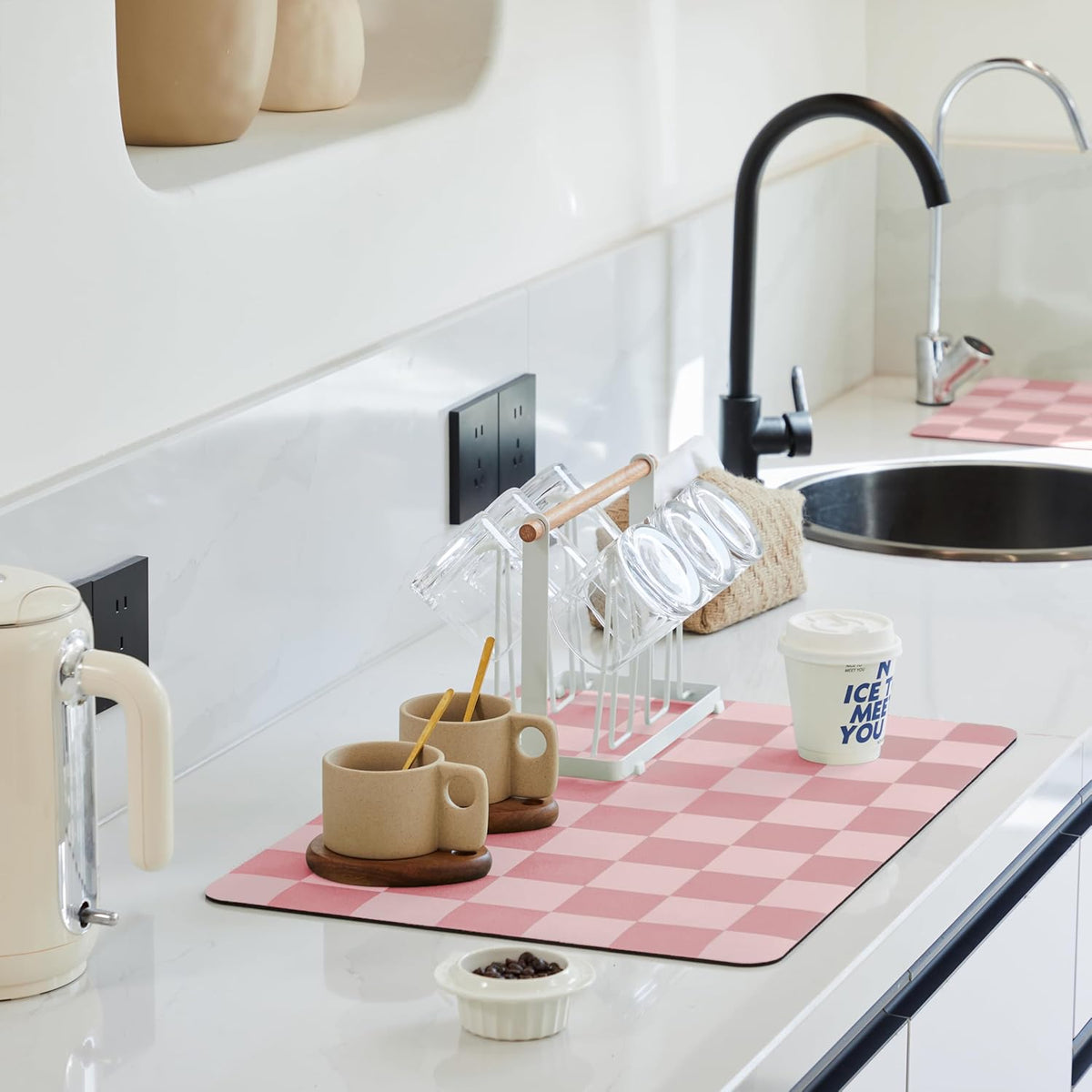 Checkered Dish Drying Mat for Kitchen Counter, Coffee Bar Station Accessories, Retro Cute Girly Pink Aesthetic Modern Absorbent Drainer Mat Kitchen Drying Mat Easy Clean, Coral 12" x 19"