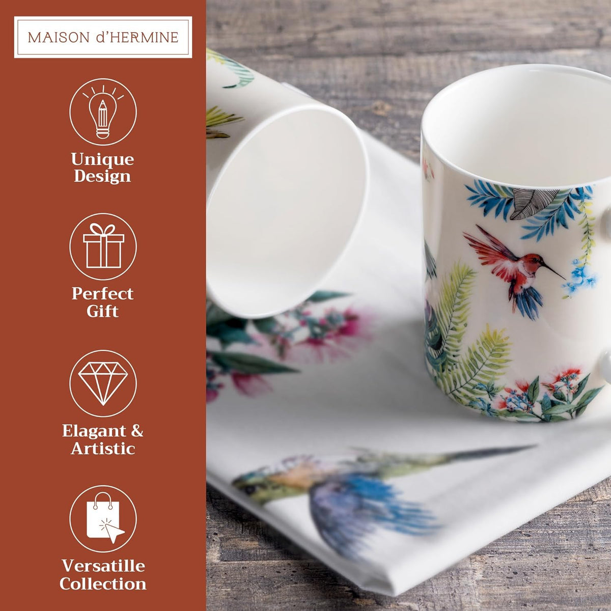 Maison d' Hermine Coffee Mug with Handles Fine Bone China Mugs Pack of Two Tea Cups for Hot Beverages Cappuccino Latte Home Restaurant Office Perfect for Gift (Tropiques, 12 Ounce)