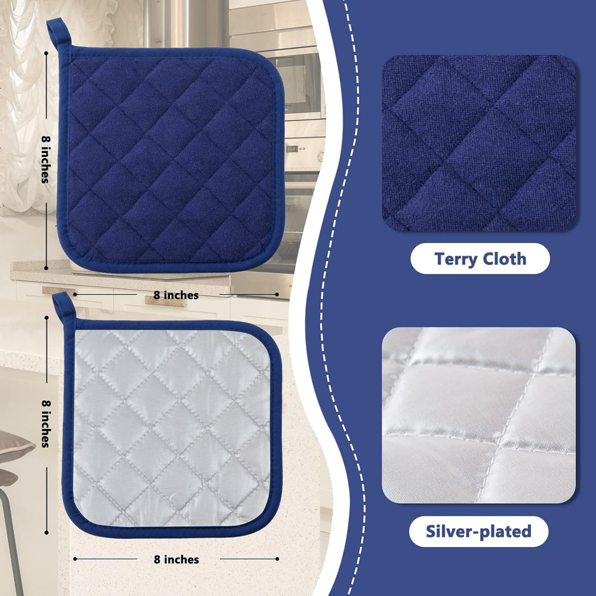 Joyhalo 4 Pack Pot Holders for Kitchen,Cotton Oven Holder with Great Heat Resistance,Non Slip Hot Pads for Kitchen Clearance,Dark Blue