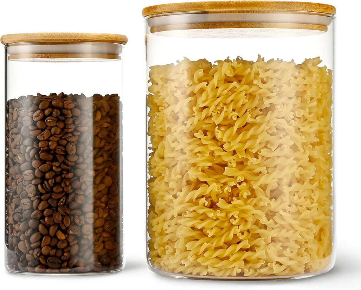 108oz 42oz Straight cylindrical Airtight Storage Jars with Bamboo Lid Set of 2 Large Storage Container Gallon Glass Jars, for Flour, Pasta and Coffee bean (with Black Lable)
