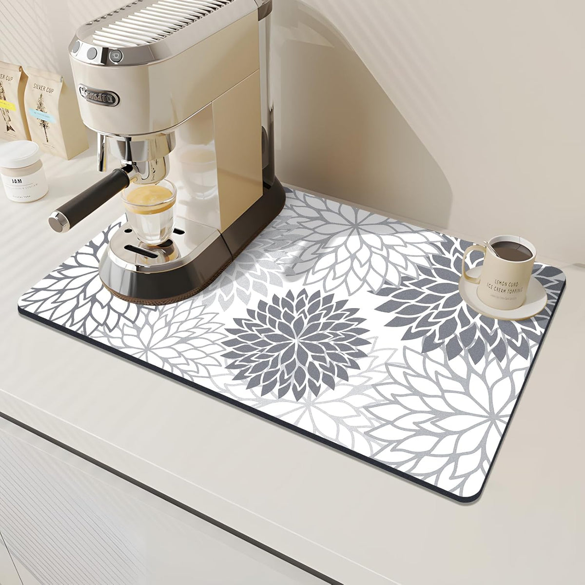 Findosom 2PCS 12" x 20" Dish Drying Mat & 24" x 5.5" Sink Splash Guard, Super Absorbent & Cuttable Dish Mat Drying Kitchen Mat with Gray Floral, Hide Stain Drying Mat for Kitchen Counter