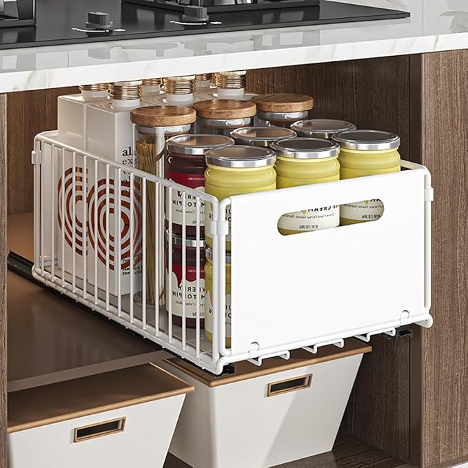 Pull Out Cabinet Organizer Slide Out Drawer Storage Shelves Cupboard Organiser Sliding Cabinet Basket for Kitchen No Drilling and Nailing (White, 2Piece 9.8" W X15 D X 7.5" H)