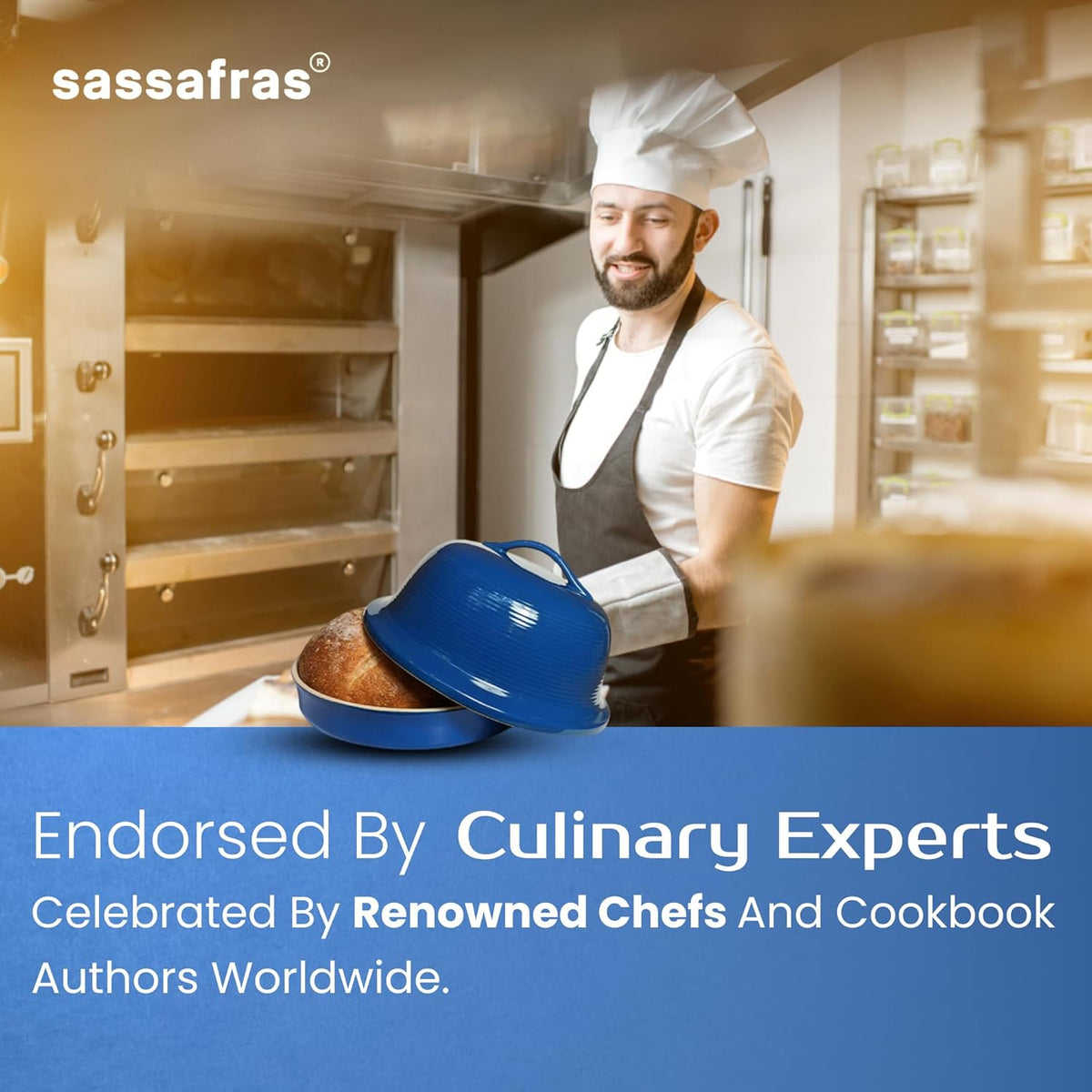 Sassafras Superstone® Stoneware La Cloche® Bread Baker with Blue Glazed Exterior and Unglazed Interior Bakes an Artisan Bread with Crusty Crust and a Light Crumb