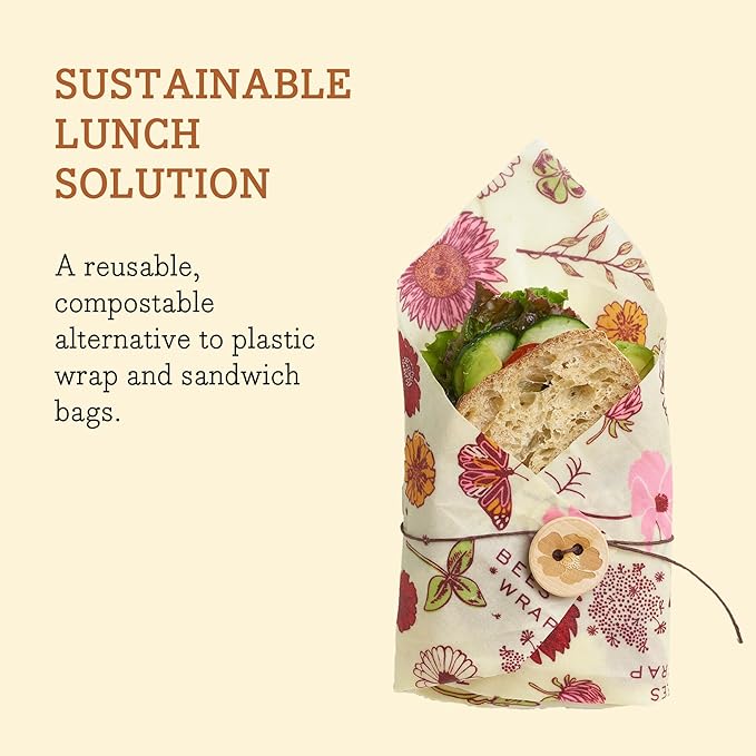 Bee's Wrap Vegan Beeswax Wraps for Food - Vegan Meadow Magic Sandwich Wrap - Made in USA Reusable Bread Bags - Organic & Eco-Friendly Alternative to Aluminum Foil, Sandwich Bags & Plastic Wrap