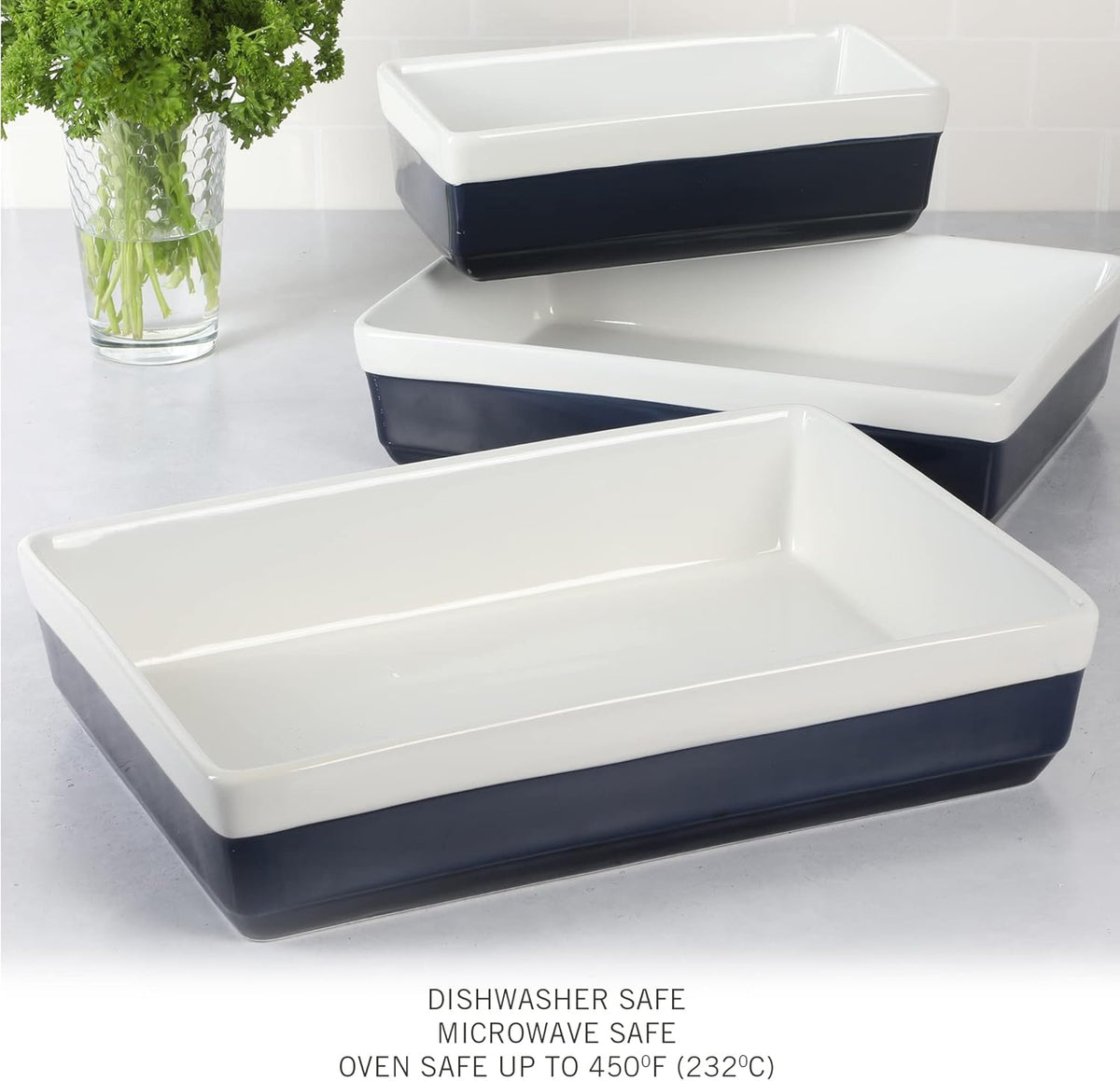 MARTHA STEWART 3 Piece Oven to Table Stoneware Bakeware, Baking Dish & Casserole Set Cobalt Blue