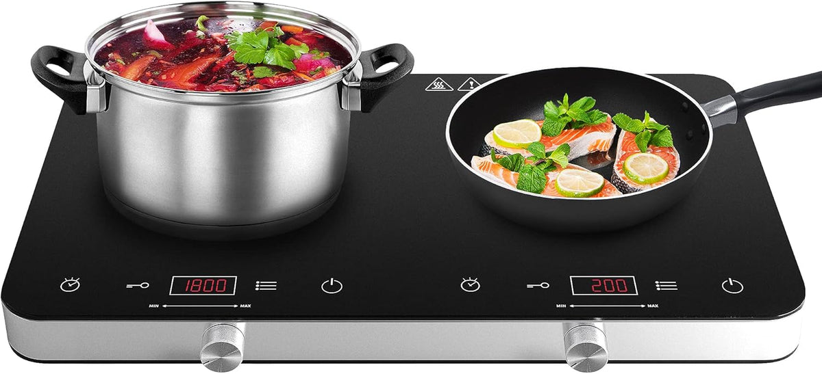 Double Induction Cooktop Burner, 1800w 2 burner Induction Cooker Cooktop, 10 Temperature 9 Power Settings Portable Electric Countertop Burner Touch Stove with Child Safety Lock & Timer