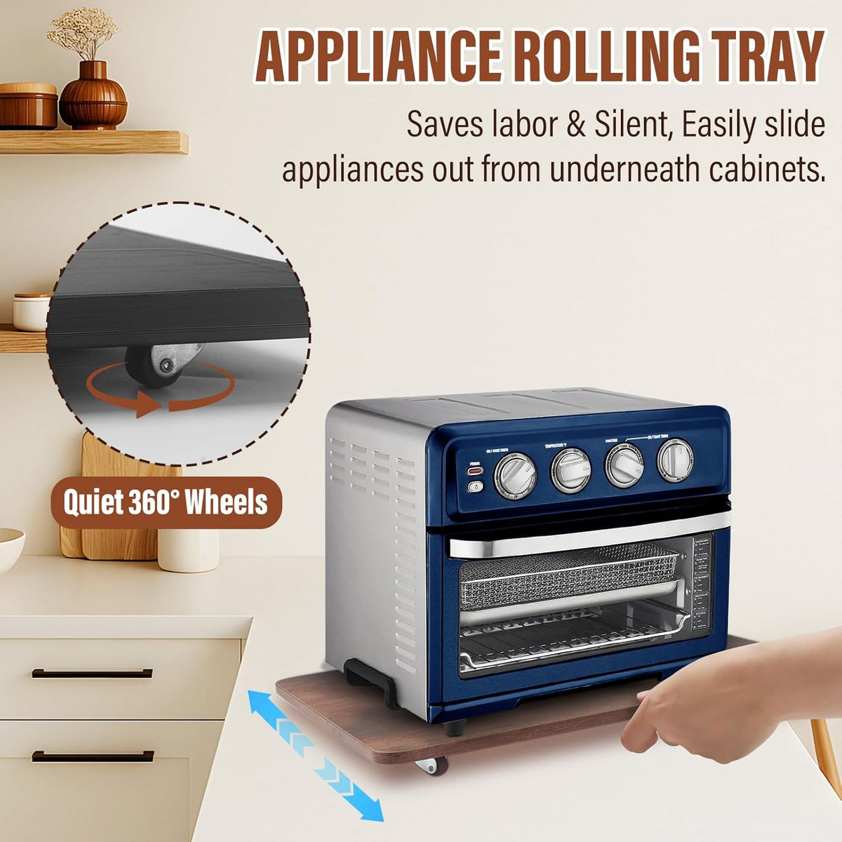 360° Appliance Slider Sliding Tray, Coffee Maker Rolling Tray for Counter Under Cabinet Coffee Pot Mat for Espresso Machine, Toaster, Air Fryer, Quiet Wheels, Brown (Large 15.7"×13")