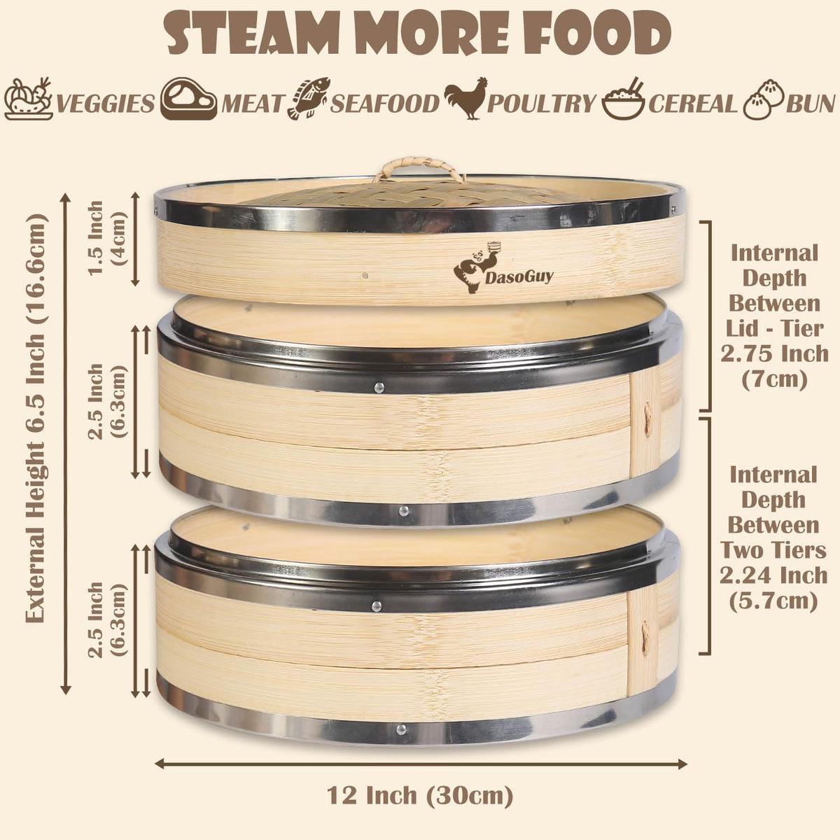 Bamboo Steamer Basket, Stainless Steel Reinforced Rim, 12-Inch 2-Tier Steamer for Cooking, 50 Liners Chopsticks Sauce Dish Dumpling Makers, Steaming Asian Food Bao Buns Dim Sum Rice Veggies Steam Pot