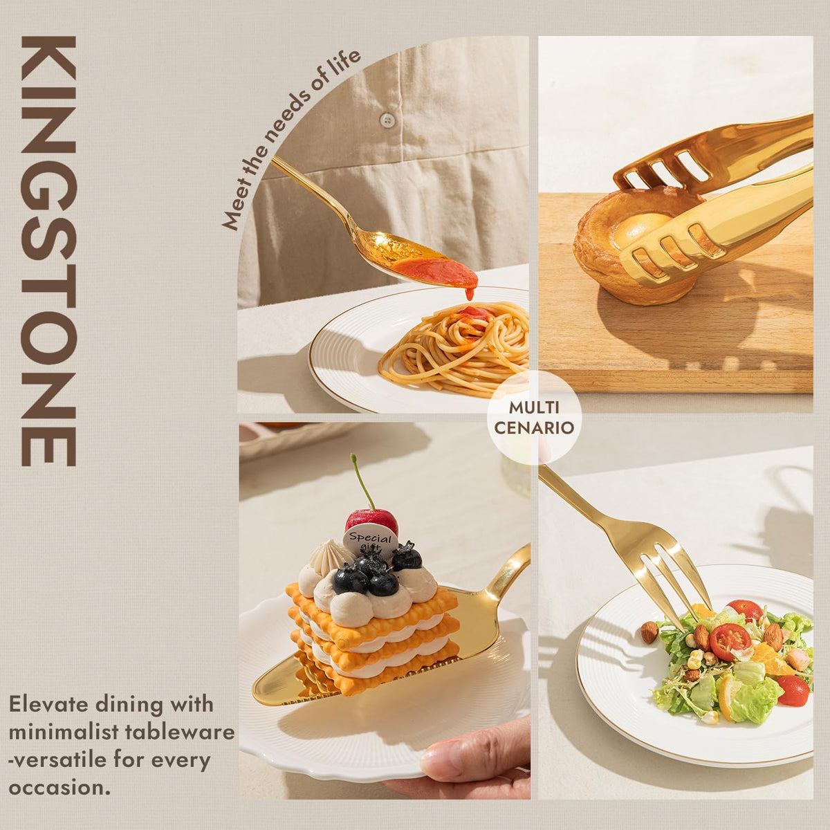 KINGSTONE Large Hostess Serving Utensils Set, 18/10 Stainless Steel -10 inch Serving Spoons, Slotted Spoons, Forks, Tongs, Cake Pie Server, Butter Knife, Sugar spoon for Buffet, Wedding, Party, Gold