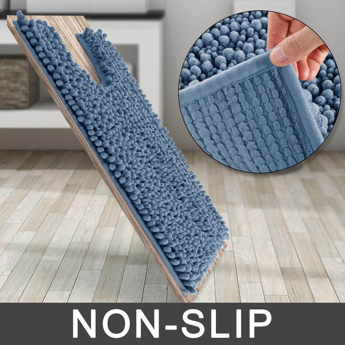 Yimobra Toilet Rug U Shaped Washable 24x20 Inch - Ultra Soft Absorbent Chenille Bath Rugs for Toilet, Quick Dry & Machine Washable, Non Slip Contour Bathroom Mat, Denim Blue
