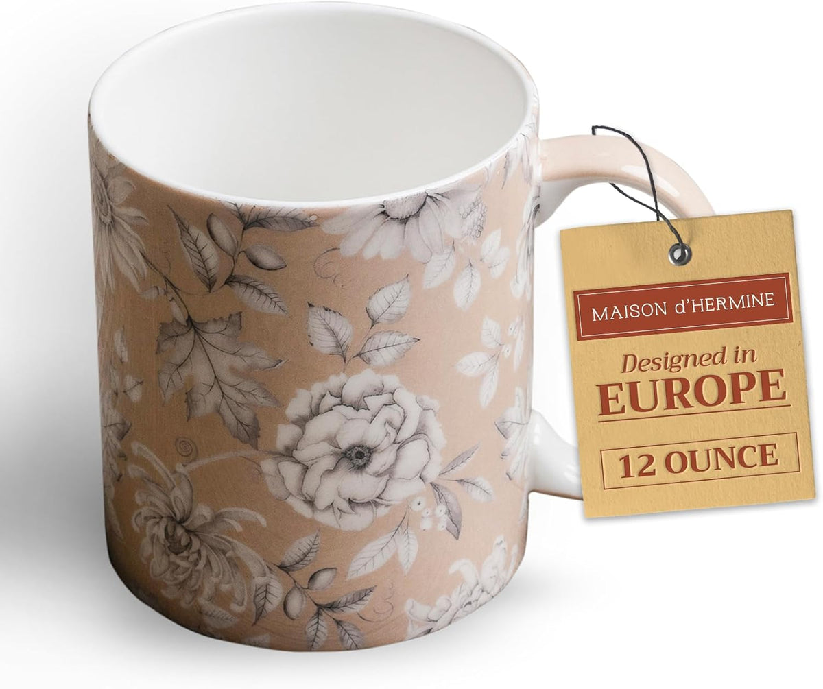 Maison d' Hermine Coffee Mug with Handles Fine Bone China Mugs Pack of One Tea Cups for Hot Beverages Cappuccino Latte Home Restaurant Office Perfect for Gift (Pretty Autumn - Pretty Mono, 12 Ounce)